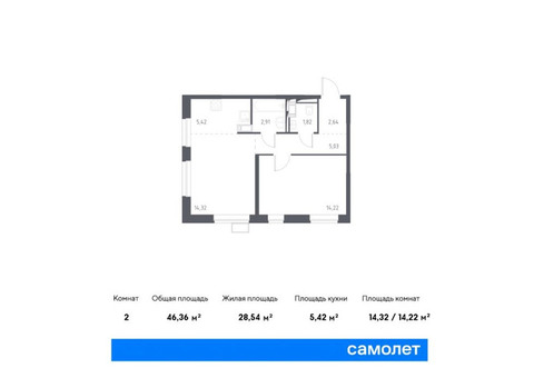 Продается 2-к. квартира, 46,36 кв.м. в ЖК «Пригород Лесное»