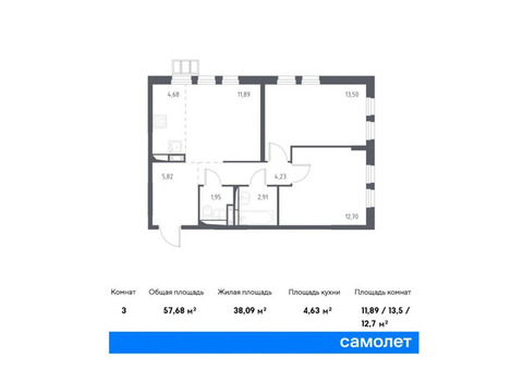 Продается 3-к. квартира, 57,68 кв.м. в ЖК «Горки Парк»