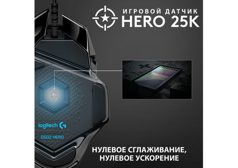 Характеристики мышь Logitech G502 RGB Tunable HERO, игровая, оптическая, проводная, USB, черный [910-005470]