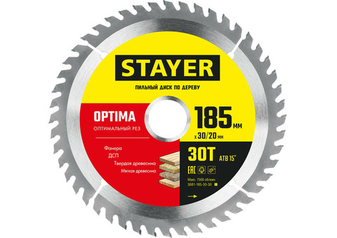 Диск пильный по дереву Stayer 3681-185-30-30_z01 Optima 185x30/20 мм 30Т