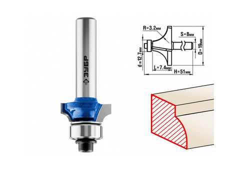 Фреза кромочная калевочная Зубр 28701-19 19x7мм радиус 3,2мм