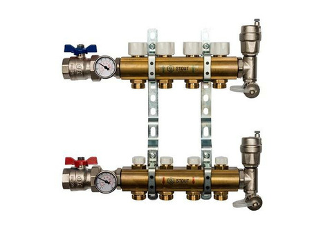 Коллекторная группа для радиаторного отопления STOUT SMB0468 - 1" на 4 контура 3/4"EK (латунь)