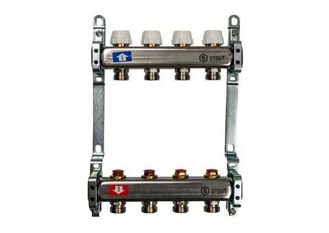 Коллекторная группа для радиаторного отопления STOUT SMS0922 - 1" на 4 контура 3/4"EK (нерж.сталь)