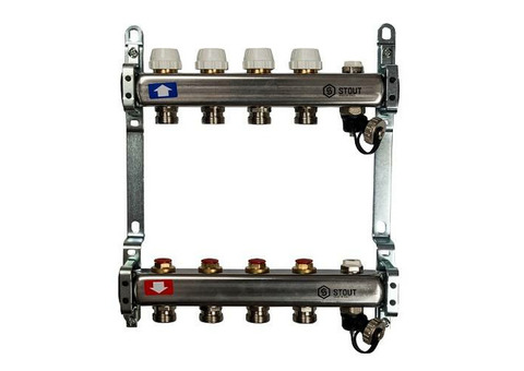 Коллекторная группа для радиаторного отопления STOUT SMS0932 - 1" на 4 контура 3/4"EK (нерж.сталь)