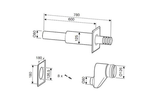 Комплект прохода через стену для коаксиального дымохода Buderus D80/80 на D80/125 мм