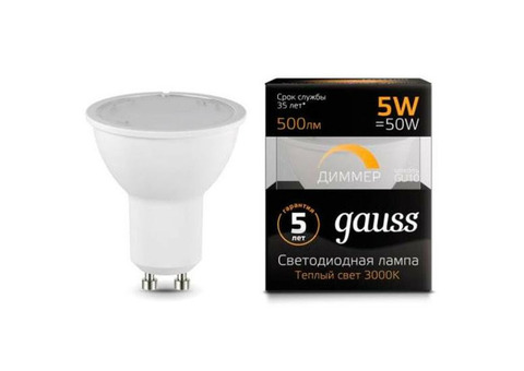 Лампа светодиодная Gauss 101506105-D MR16 GU10-dim 5W 3000K диммируемая