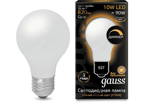 Лампа светодиодная Gauss 102202110-D Filament A60 Opal 10W E27 2700К dimmable