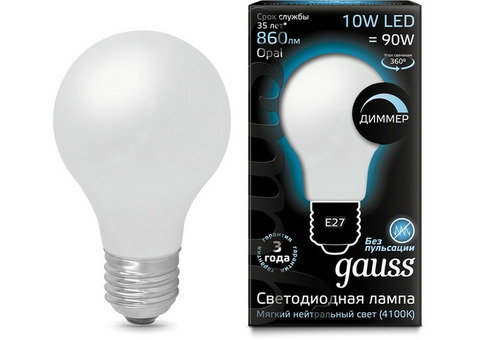 Лампа светодиодная Gauss 102202210-D Filament A60 Opal 10W E27 4100К dimmable