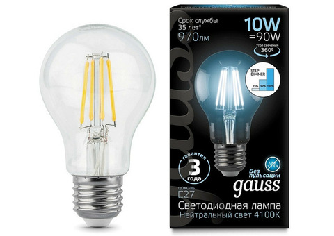 Лампа светодиодная Gauss 102802210-S Filament A60 10W E27 4100К step dimmable