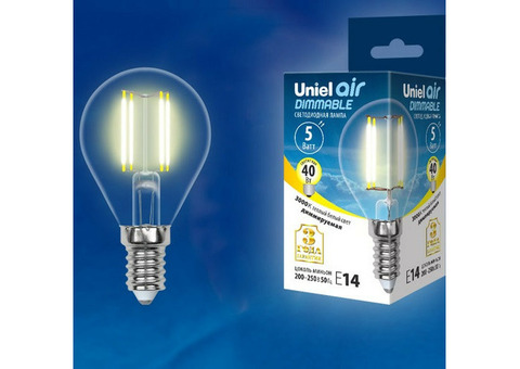 Лампа светодиодная Uniel Air LED-G45-5W/WW/E14/CL/DIM GLA01TR диммируемая прозрачная 3000K