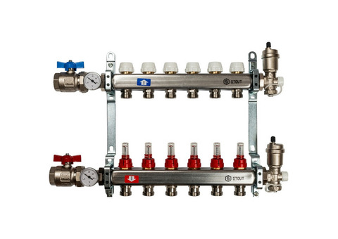 Коллектор распределительный Stout SMS 0907 000006 на 6 контуров в сборе с расходомерами
