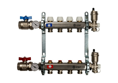 Коллектор распределительный Stout SMS 0912 000004 на 4 контура в сборе без расходомеров