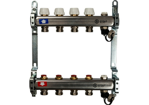 Коллектор распределительный Stout SMS 0932 000004 на 4 контура без расходомеров с выпускным клапаном и сливом