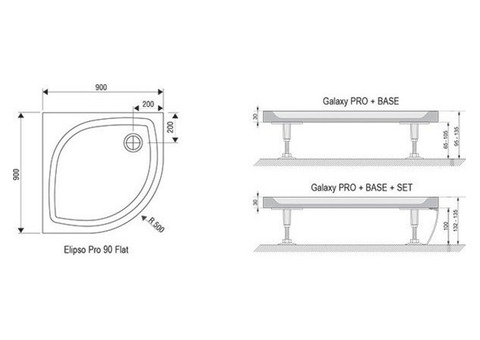 Поддон душевой Ravak Elipso Pro Flat полукруглый 900x900х30 мм