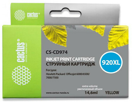 Картридж струйный Кактус CS-CD974 № 920xl желтый (10,5 мл) для HP DJ 6000/6500/7000/7500 (CS-CD974)