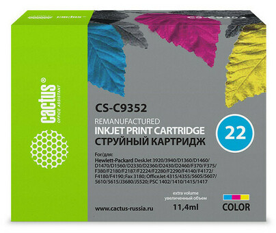 Картридж струйный Cactus CS-C9352 №22 многоцветный (11,4 мл) для HP DJ3920/3940/D1360/D1460/D1470/D1560/D2330/D2360/D2430/D2460/F370/F375/F380/F2180/F2187/F2224/F2280/F2290/F4140/F4172/F4180/F4190 (CS-C9352)