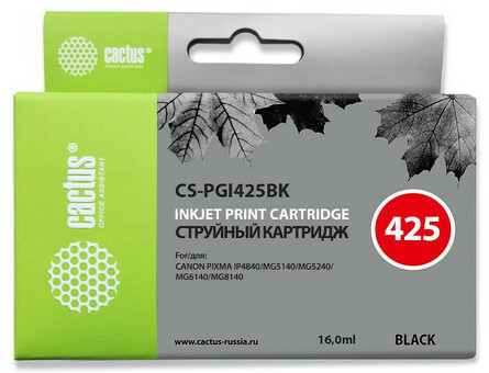 Картридж струйный Кактус cs-pgi425bk черный пигментный ( 16мл ) для Canon Pixma iP4840/MG5140/5240/6140/8140/MX884 (CS-PGI425BK)