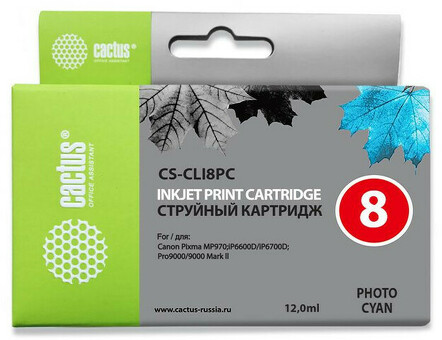 Картридж струйный Cactus CS-CLI8PC светло-голубой ( 12мл ) для Canon Pixma iP6600/iP6600d/iP6700/iP6700d/MP960/MP970/PRO. 9000 (CS-CLI8PC)