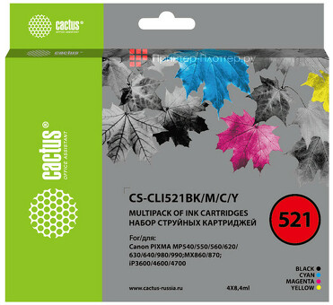 Картридж струйный Кактус CS-CLI521BK/m/c/ Y Black/cyan/ Yellow/magenta набор (33.6мл) для Canon Pixma iP3600/iP4600/iP4700/MP540/MP550/MP560/MP620/MP630/MP640/MP980/MP990/MX860/MX870 (CS-CLI521BK/M/C/Y)