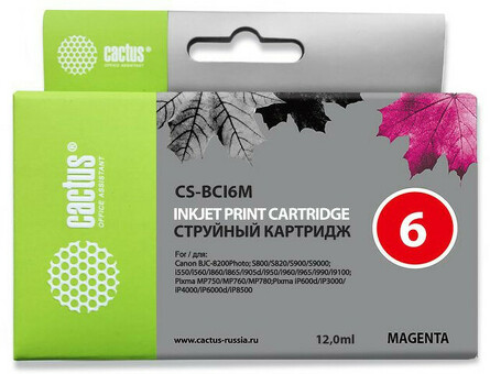 Картридж струйный Cactus CS-BCI6M пурпурный ( 12мл ) для Canon S800/S820/S900/S9000/i550/i560/i860/i865/i905D/i950S/i960x/i965/i990/i9100/i9950/JX500/MP750/MP760/iP600D/iP3000/iP600D/iP8500/BJC-8200 (CS-BCI6M)