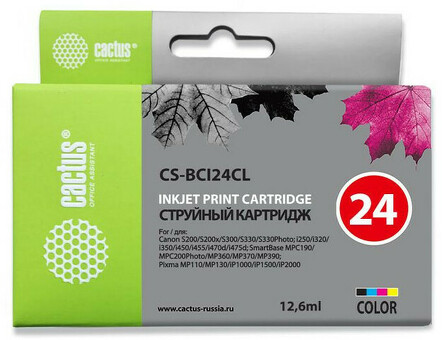 Картридж струйный Cactus CS-BCI24CL многоцветный (12.6мл) для Canon S200/S200x/S300/S330/S330/Photo i250/i320/i350/i450/i455/i470D/i475D/SmartBase MPC190/200 Photo/MP360/370/390/Pixma MP110/130/iP1000/iP1500/iP2000 (CS-BCI24CL)