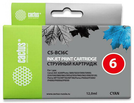 Картридж струйный Cactus CS-BCI6C голубой ( 12мл ) для Canon S800/S820/S900/S9000. i550/i560/i860/i865/i905D/i950S/i960x/i965/i990/i9100/. i9950 , JX500, MP750/mP760, iP600D/iP3000/iP600D/iP8500, BJC-8200 Photo (CS-BCI6C)