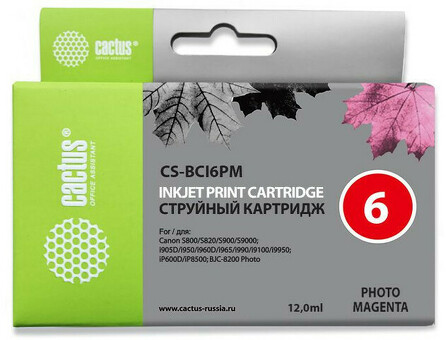 Картридж струйный Cactus CS-BCI6PM светло-пурпурный ( 12мл ) для Canon BJC-8200/MP750/MP760/MP780/iP4000/iP5000/iP6000D/iP8500/S800/S820D/S830D/S900/S9000/i865/i905D/i9100/i950/i965/i990/i9900/i9951 (CS-BCI6PM)