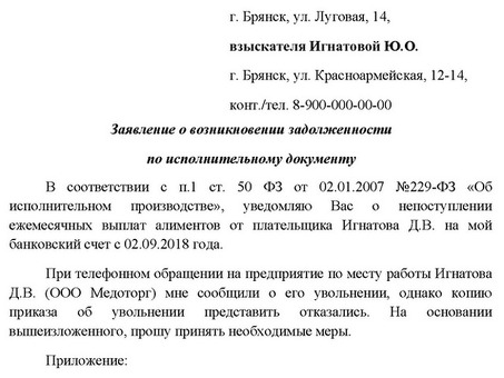 Образец заявления на алименты судебному исполнителю