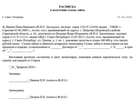 Деньги взаймы на основании письменной долговой расписки