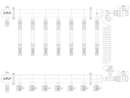 Узел коллекторный для отопления этажный с правым подключением на 7 выходов PLP УКЭО-П-25-АИ-А20-50СТ-100-7-15-Р15Э-ВП110-РВ-КД