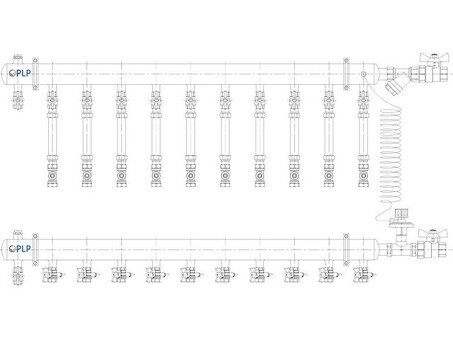 Узел коллекторный для отопления этажный с правым подключением на 10 выходов PLP УКЭО-П-25-АИ-А25-50СТ-100-10-15-Р15Э-ВП110-РВ-КД