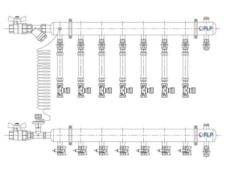 Узел коллекторный для отопления этажный с левым подключением на 7 выходов PLP УКЭО-Л-25-АИ-А20-50СТ-100-7-15-Р15-ВП110-РВ-КД