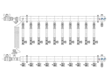 Узел коллекторный для отопления этажный с левым подключением на 10 выходов PLP УКЭО-Л-25-АИ-А25-50СТ-100-10-15-Р15-ВП110-РВ-КД