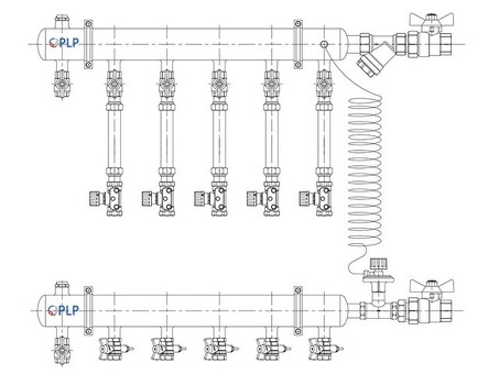 Узел коллекторный для отопления этажный с правым подключением на 5 выходов PLP УКЭО-П-25-АИ-А20-50СТ-100-5-15-Р15-ВП110-РВ-КД