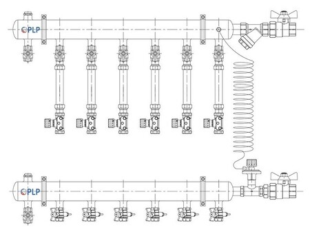 Узел коллекторный для отопления этажный с правым подключением на 6 выходов PLP УКЭО-П-25-АИ-А20-50СТ-100-6-15-Р15-ВП110-РВ-КД