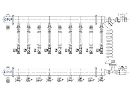 Узел коллекторный для отопления этажный с правым подключением на 9 выходов PLP УКЭО-П-25-АИ-А25-50СТ-100-9-15-Р15-ВП110-РВ-КД
