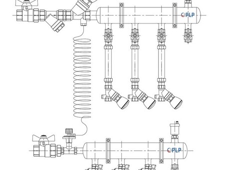 Узел коллекторный для отопления этажный с левым подключением на 3 выхода PLP УКЭО-Л-25-Р25-А15-50СТ-100-3-15-Р15-ВП110-АВ-КД