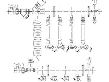Узел коллекторный для отопления этажный с левым подключением на 4 выхода PLP УКЭО-Л-25-Р25-А20-50СТ-100-4-15-Р15-ВП110-АВ-КД