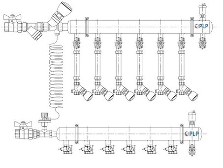Узел коллекторный для отопления этажный с левым подключением на 6 выходов PLP УКЭО-Л-25-Р25-А20-50СТ-100-6-15-Р15-ВП110-АВ-КД