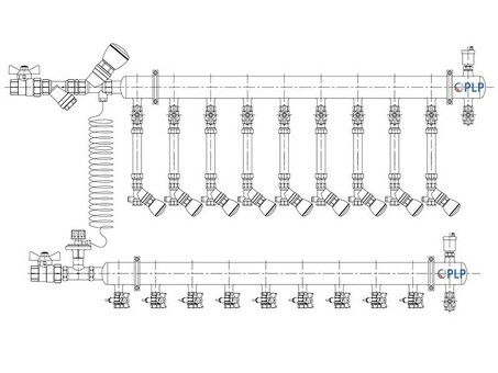 Узел коллекторный для отопления этажный с левым подключением на 9 выходов PLP УКЭО-Л-25-Р25-А25-50СТ-100-9-15-Р15-ВП110-АВ-КД
