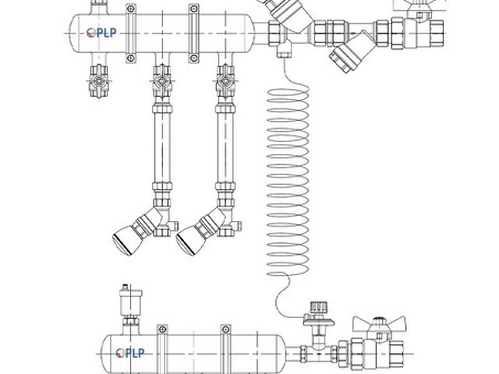 Узел коллекторный для отопления этажный с правым подключением на 2 выхода PLP УКЭО-П-25-Р25-А15-50СТ-100-2-15-Р15-ВП110-АВ-КД