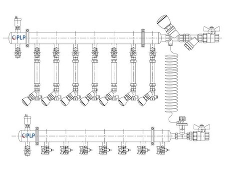 Узел коллекторный для отопления этажный с правым подключением на 7 выходов PLP УКЭО-П-25-Р25-А20-50СТ-100-7-15-Р15-ВП110-АВ-КД