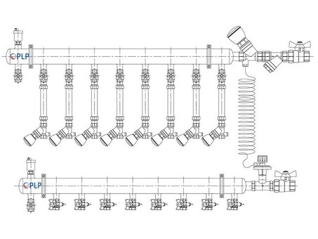 Узел коллекторный для отопления этажный с правым подключением на 8 выходов PLP УКЭО-П-25-Р25-А25-50СТ-100-8-15-Р15-ВП110-АВ-КД