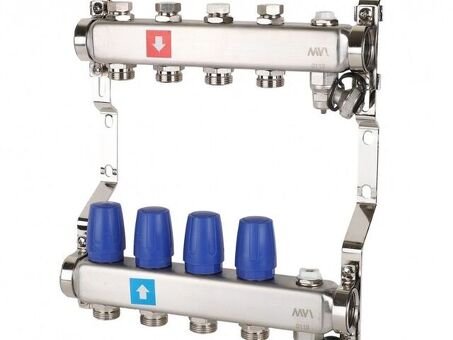 Блок коллекторный MVI из нержавеющей стали DN 25-4 выхода G 3/4, без расходомеров, с дренажным краном и воздухоотводчиком, евроконус, MS.604.06