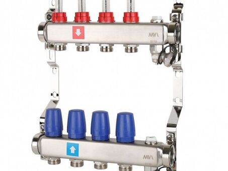 Блок коллекторный MVI из нержавеющей стали DN 25-4 выхода G 3/4, с расходомерами, с дренажным краном и воздухоотводчиком, евроконус, MS.704.06