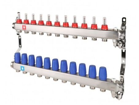 Блок коллекторный MVI из нержавеющей стали DN 25-11 выходов G 3/4, с расходомерами, с дренажным краном и воздухоотводчиком, евроконус, MS.711.06