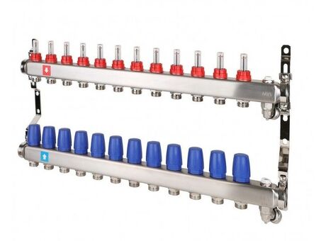 Блок коллекторный MVI из нержавеющей стали DN 25-12 выходов G 3/4, с расходомерами, с дренажным краном и воздухоотводчиком, евроконус, MS.712.06